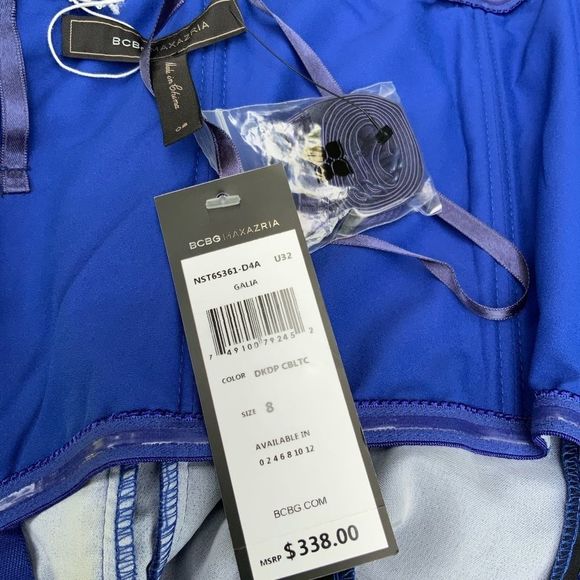 NWT $338 BCBGMAXAZRIA | Galia |  Strapless Fringe Hem Lace Corset Dress in Blue - Picture 13 of 16